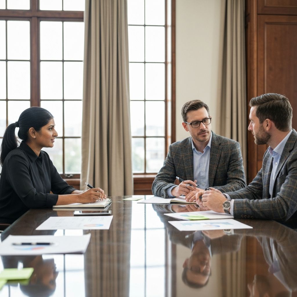 Reunión estratégica de family office discutiendo análisis de portafolio de inversiones conservadoras